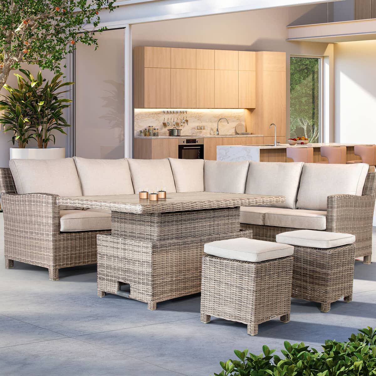 Kettler Signature Palma Corner Sofa LH Casual Dining Set with High/Low Slat Top Table Oyster