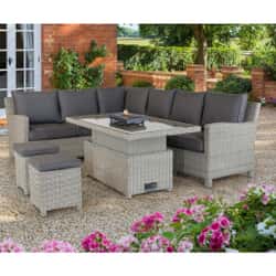 Kettler Signature Palma Corner Sofa RH Casual Dining Set with High/Low Glass Top Table Whitewash