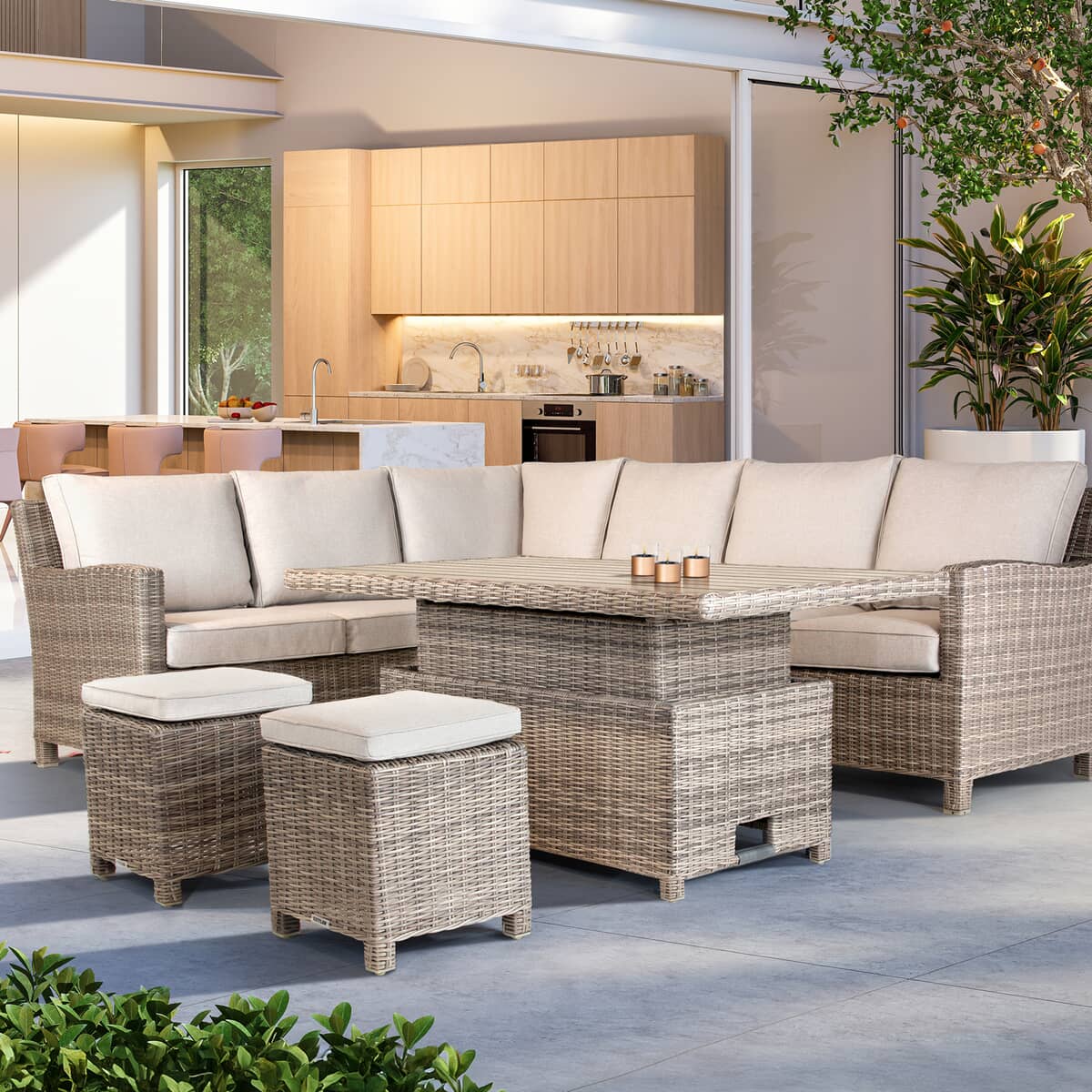 Kettler Signature Palma Corner Sofa RH Casual Dining Set with High/Low Glass Top Table Oyster