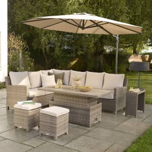 Kettler Signature Palma Corner Sofa RH Casual Dining Set with High/Low Slat Top Table Oyster