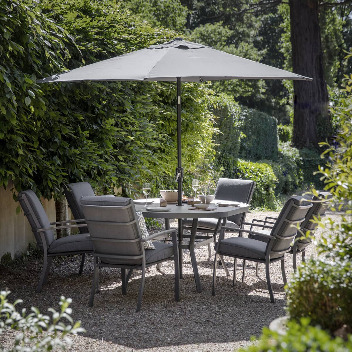 LG Outdoor Monza 6 Seat Dining Set with Highback Armchairs and 3m Parasol