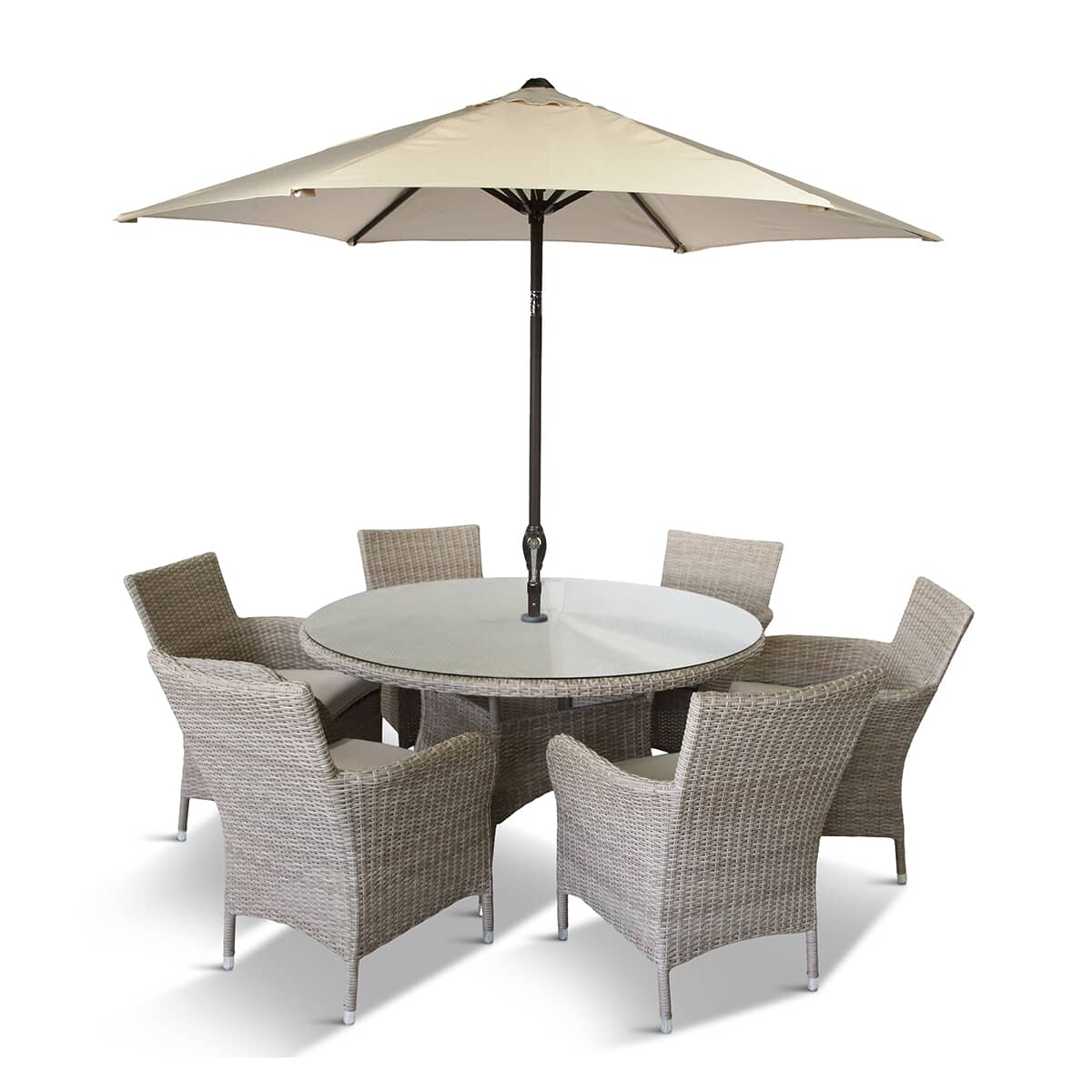 LG Outdoor Monaco Sand 6 Seat Dining Set with Weave Lazy Susan and Parasol 2023