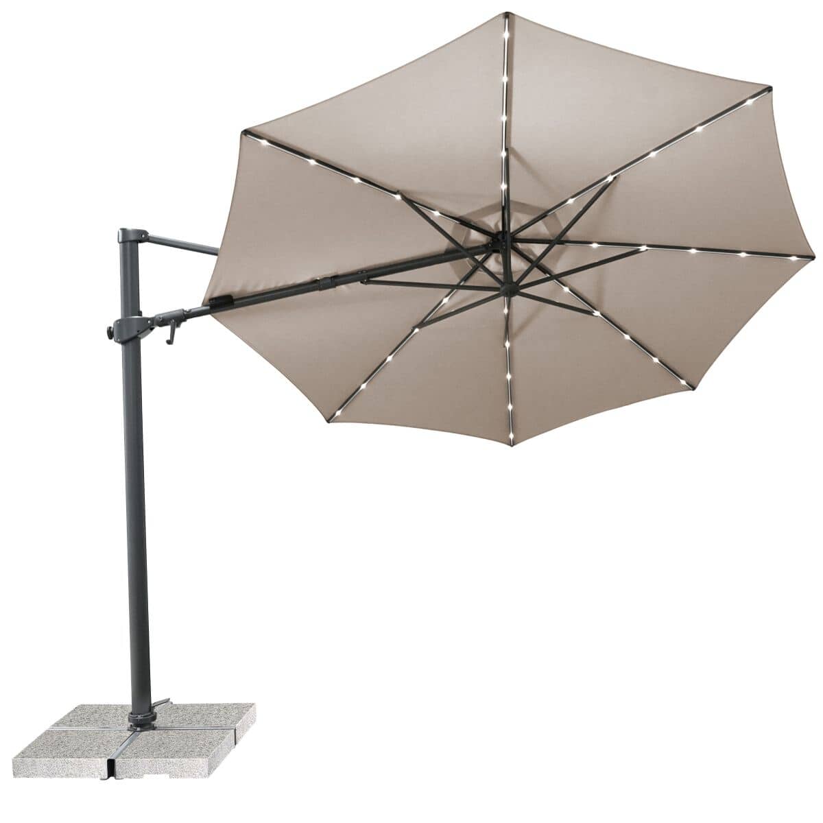 Kettler Orion 3.0M Round Stone Canopy Led Cantilever Parasol With Side Tilt Granite Base  Night Cover - Grey Frame