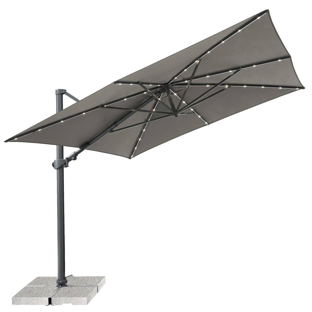 Kettler Orion 3X3M Square Taupe Canopy Led Cantilever Parasol With Side Tilt Granite Base Night Cover Grey Frame
