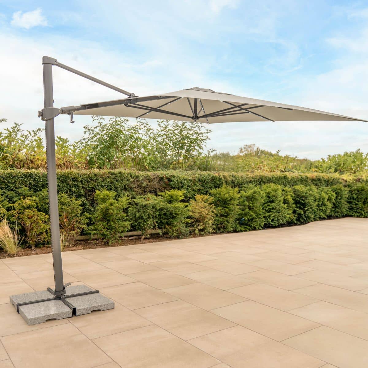 Kettler Orion 3X3M Square Stone Canopy Led Cantilever Parasol With Side Tilt Granite Base Night Cover Grey Frame