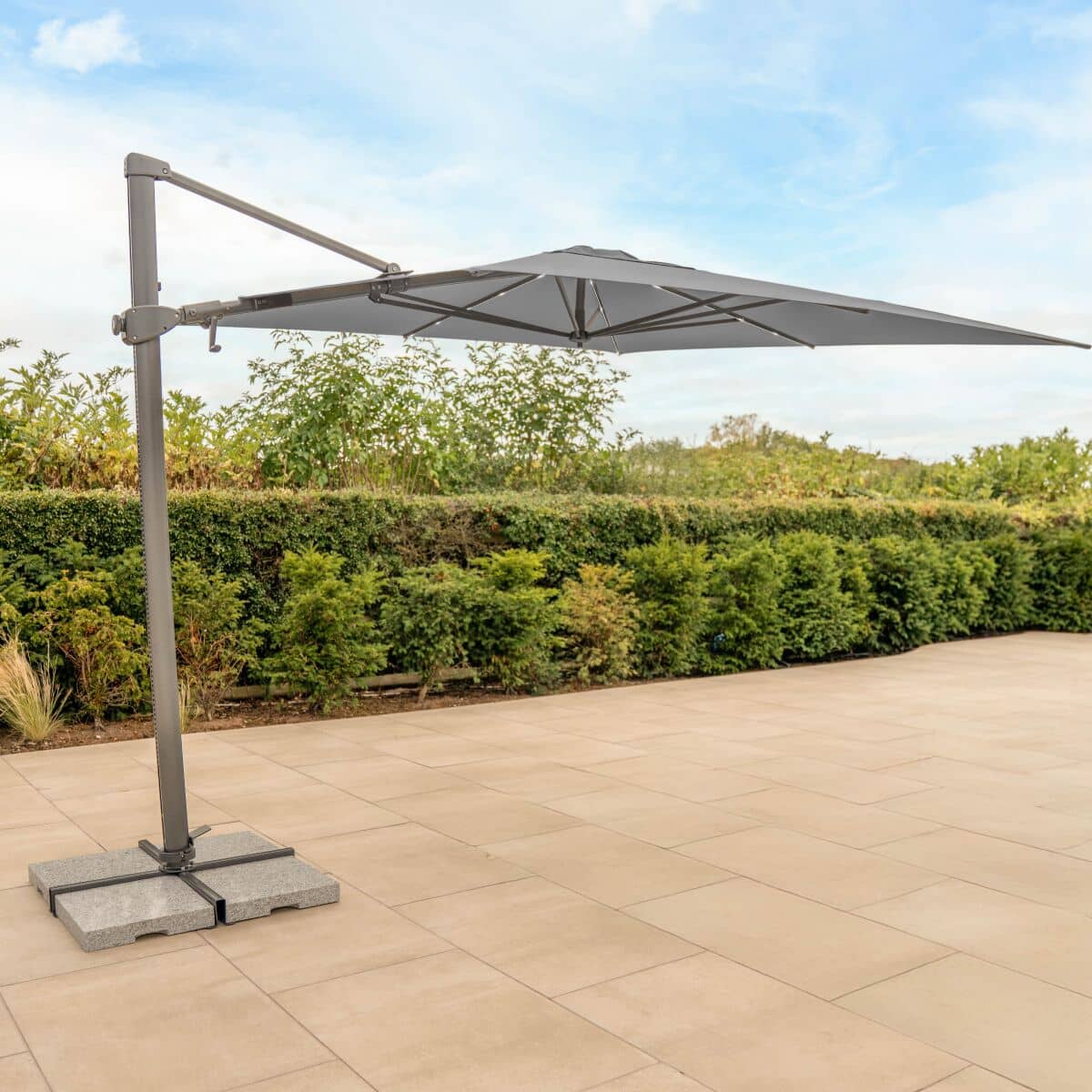 Kettler Orion 3X3M Square Slate Canopy Led Cantilever Parasol With Side Tilt Granite Base Night Cover Grey Frame