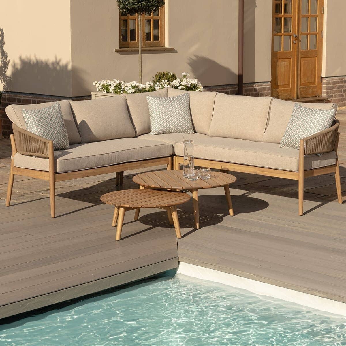 Maze Porto Rope Weave Corner Sofa Set with Pair of Round Coffee Tables - Sandstone