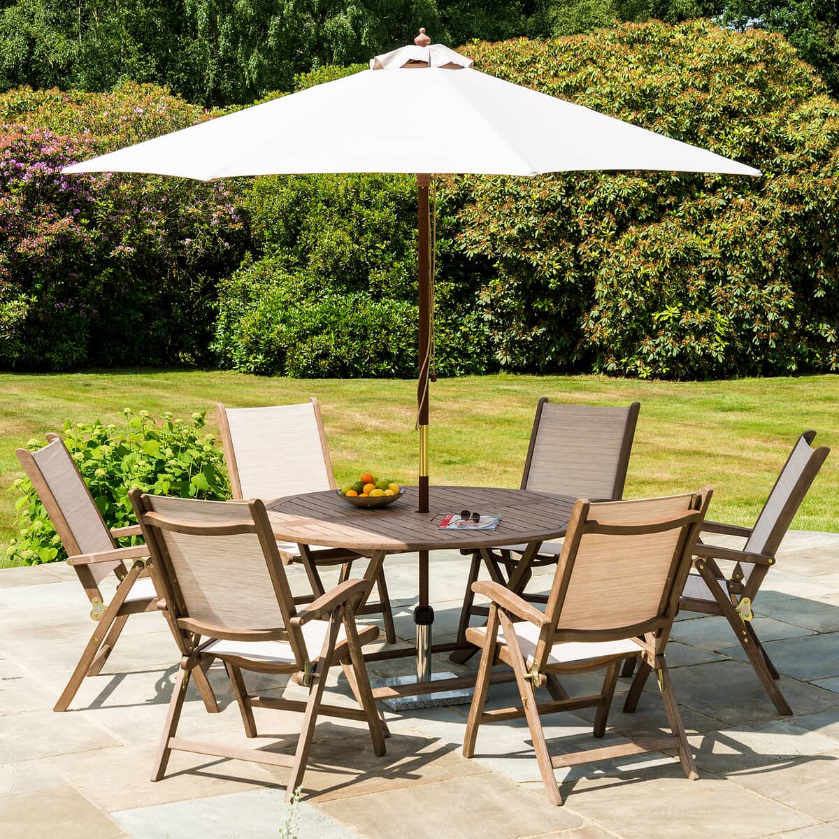 Alexander Rose Sherwood 6 Seat Round Dining Table Set with Sling Recliners and Parasol