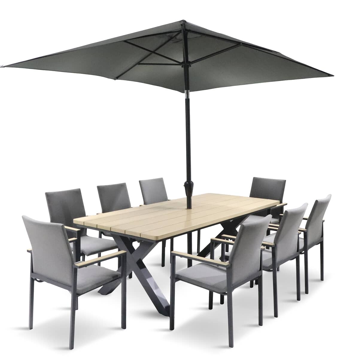 LG Outdoor Venice 8 Seat Dining Set with Stacking Armchair and 2 x 3m Deluxe Parasol