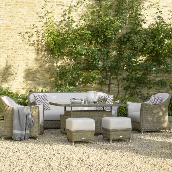 Bramblecrest Monte Carlo 3 Seat Sofa with Adjustable Rectangle Casual Dining Table 2 Sofa Armchairs and 2 Stools