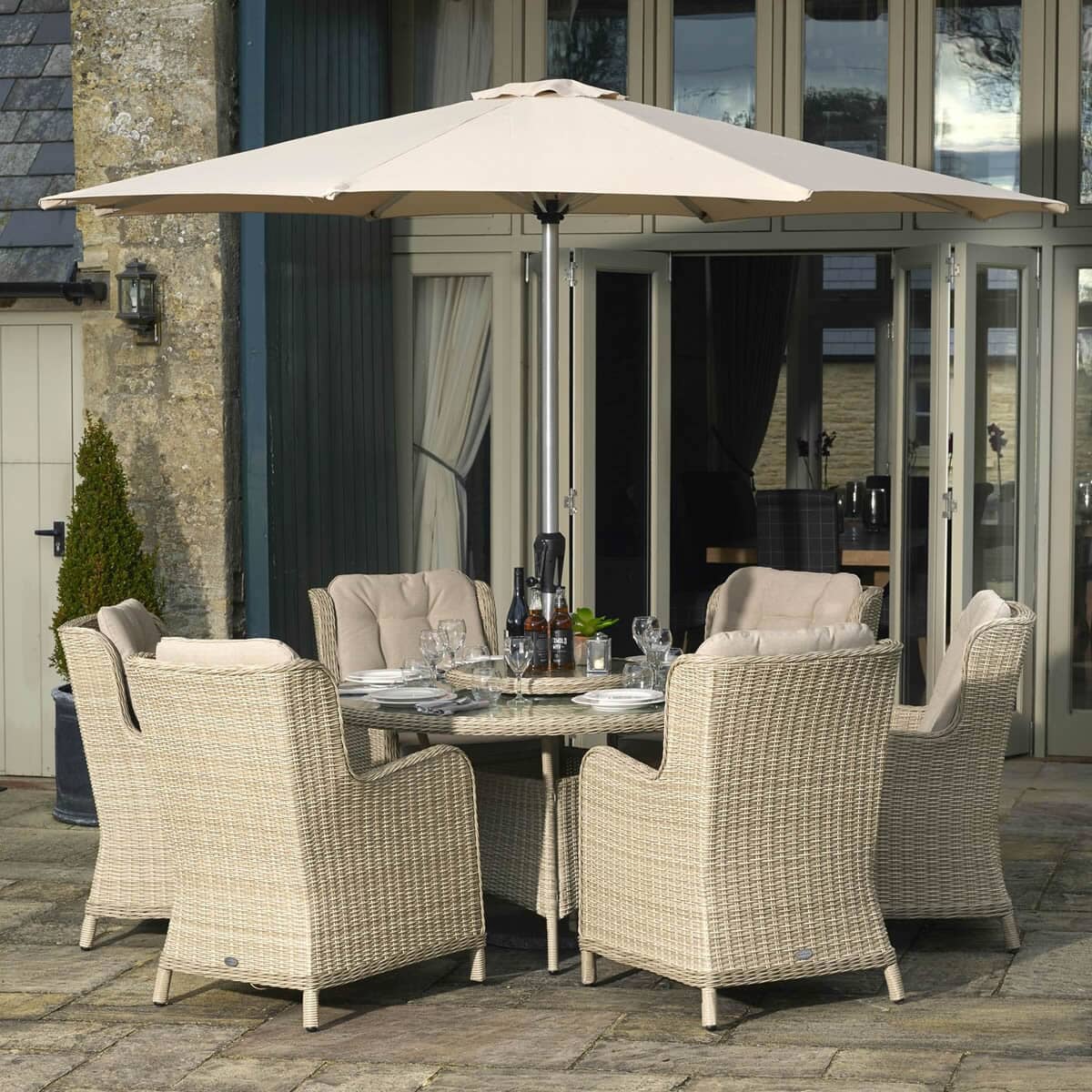 Bramblecrest Chedworth 140cm Round Table with 60cm Lazy Susan  and 6 High-Back Armchairs - Sandstone 