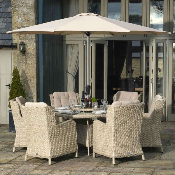 Bramblecrest Chedworth 140cm Round Dining Table with 60cm Lazy Susan and 6 High-Back Armchairs In Sandstone