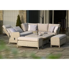Bramblecrest Chedworth Sandstone Reclining Modular Sofa with Square Dual Height Ceramic Top Table  2 Benches