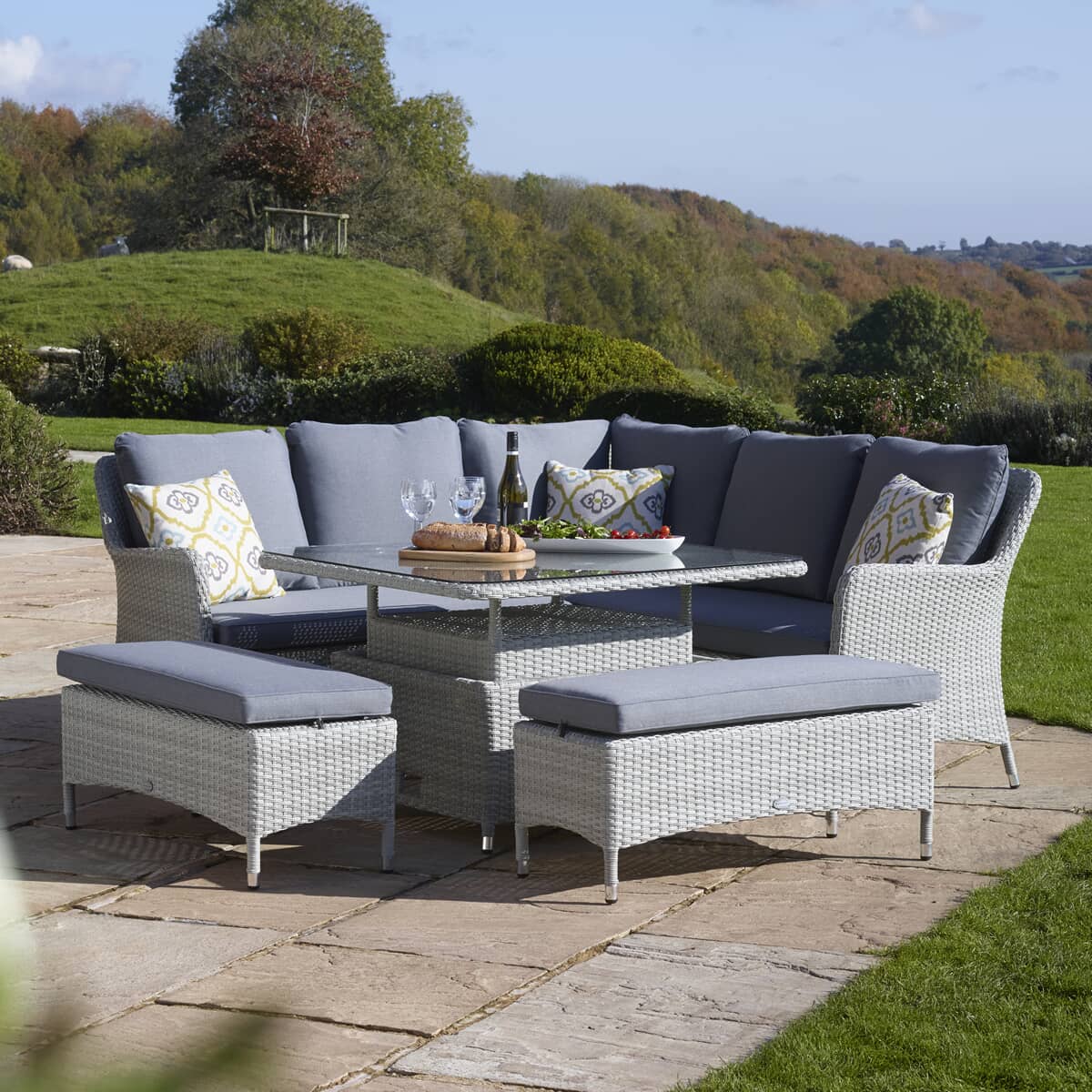 Bramblecrest Tetbury Modular Sofa with Square Adjustable Casual Dining Glass Top Table and 2 Benches Eco - Cloud