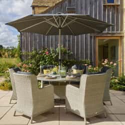 Bramblecrest Chedworth 140cm Round Table 60cm Lazy Susan 6 High-Back Armchairs  Parasol - Dove Grey