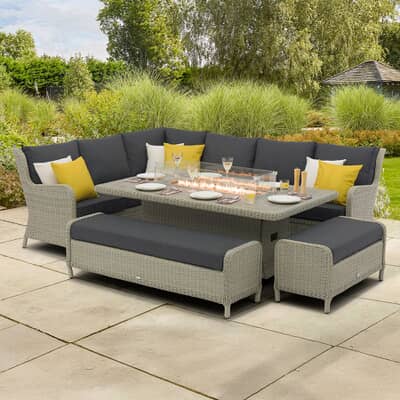 Bramblecrest Chedworth Dove Grey Rattan L-Shape Corner Sofa with Rectangle Firepit Table and 2 Benches