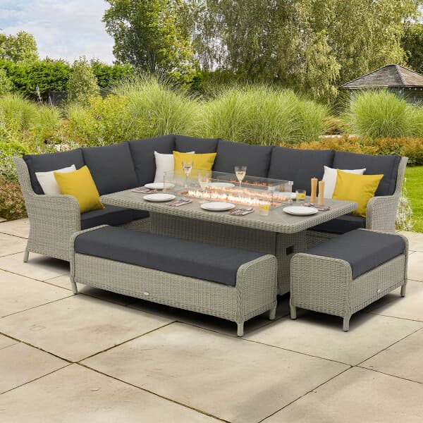 Bramblecrest Chedworth Dove Grey Rattan L-Shape Corner Sofa with Rectangle Firepit Table and 2 Benches