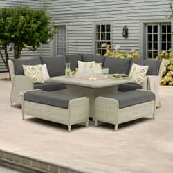 Bramblecrest Chedworth Reclining Square Sofa Set with Ceramic Firepit Table And 2 Benches - Dove Grey