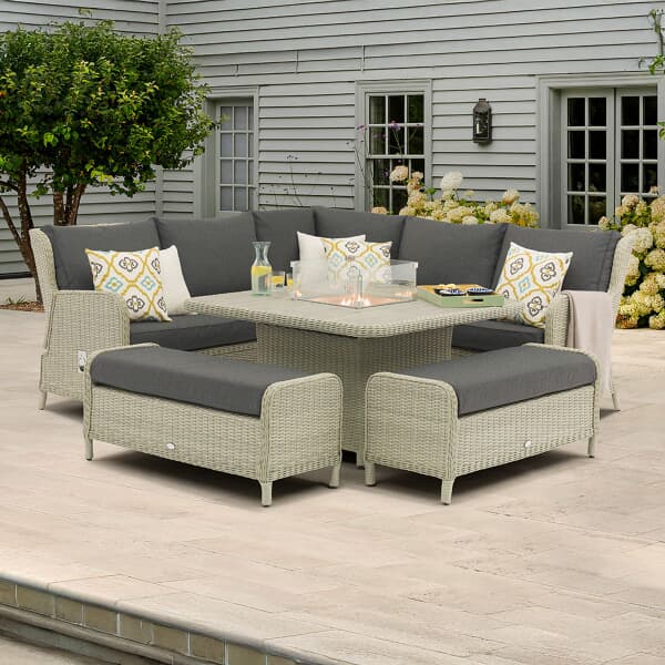 Bramblecrest Chedworth Reclining Square Sofa Set with Ceramic Firepit Table And 2 Benches - Dove Grey