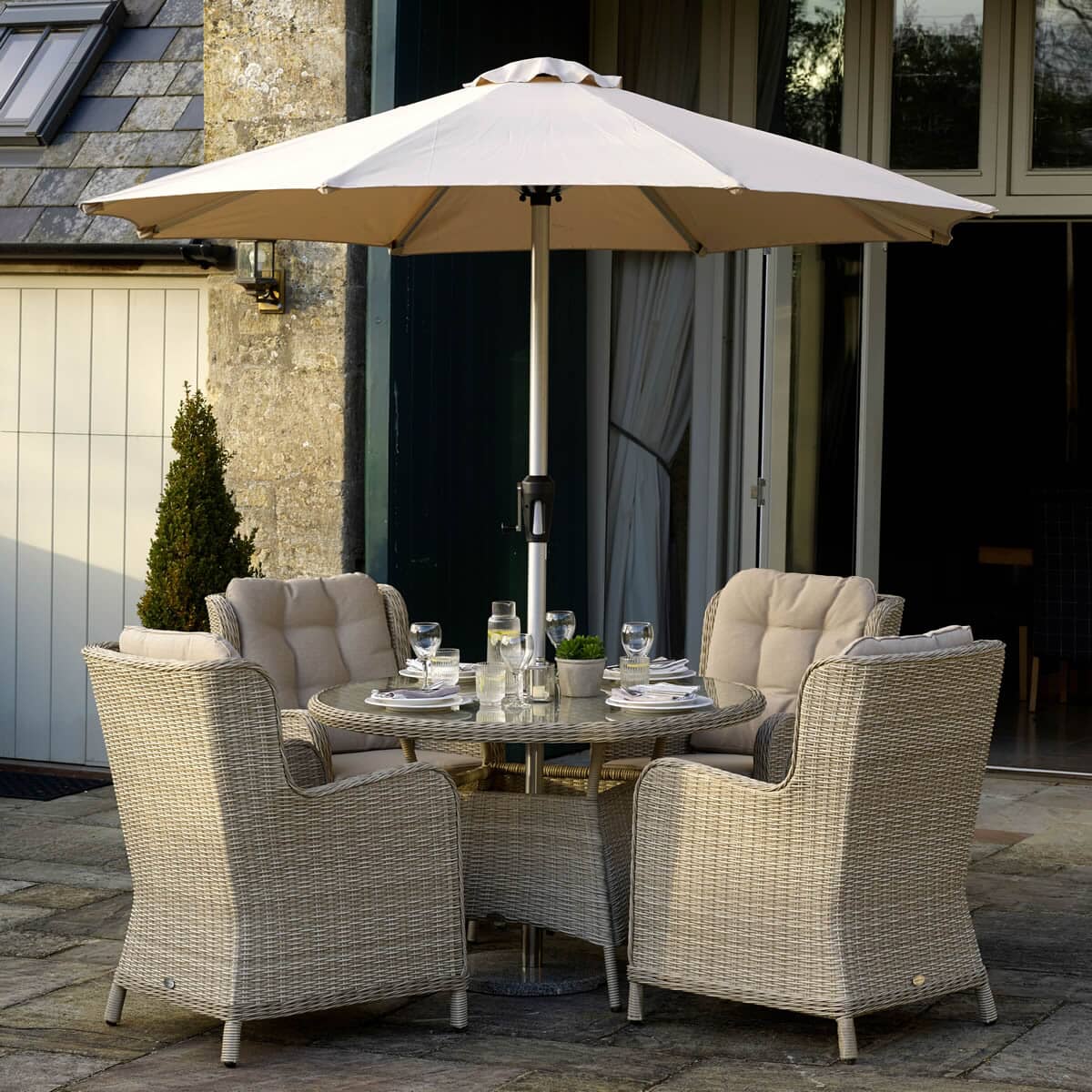 Bramblecrest Chedworth 120cm Table with 4 High-Back Armchairs - Sandstone