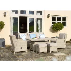 Bramblecrest Chedworth Sandstone Reclining 3 Seat Sofa Dual Height Rectangle Table 2 Reclining Chairs  Stool