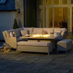 Bramblecrest Chedworth Modular Corner Sofa with Large Rectangle Ceramic Firepit Casual Dining Table Sandstone