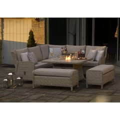Bramblecrest Chedworth Sandstone Reclining Modular Sofa with Square Ceramic Firepit Table  2 Benches