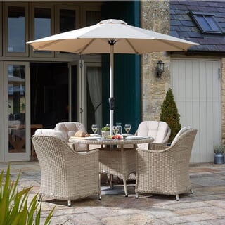 Bramblecrest Monterey 120cm Round Table with 4 Armchairs and Parasol - Sandstone