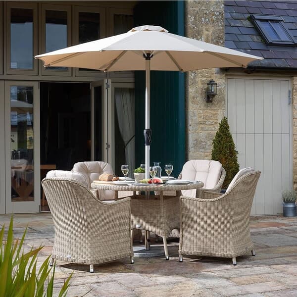 Bramblecrest Monterey 120cm Round Table with 4 Armchairs and Parasol - Sandstone