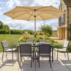 Bramblecrest Zurich 164 x 95cm Rectangle Tree-Free Table with 6 Stacking Chairs and Parasol - Eco Fawn