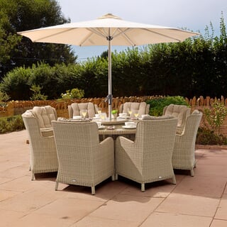 Bramblecrest Chedworth 8 Seat 180cm Round  Dining Set With 75cm L/S 8 Armchairs Parasol And Base - Sandstone