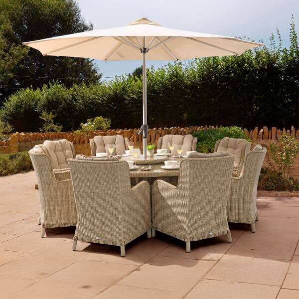 Bramblecrest Chedworth 8 Seat 180cm Round  Dining Set With 75cm L/S 8 Armchairs Parasol And Base - Sandstone