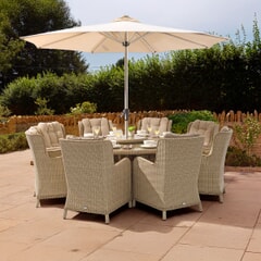Bramblecrest Chedworth 8 Seat 180cm Round  Dining Set With 75cm L/S 8 Armchairs Parasol And Base - Sandstone