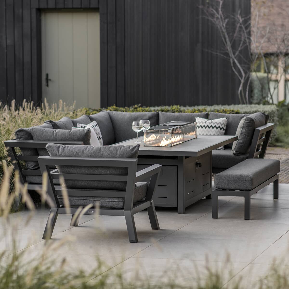 Bramblecrest San Marino Anthracite L-Shape Sofa with Firepit Table Armchair and Bench