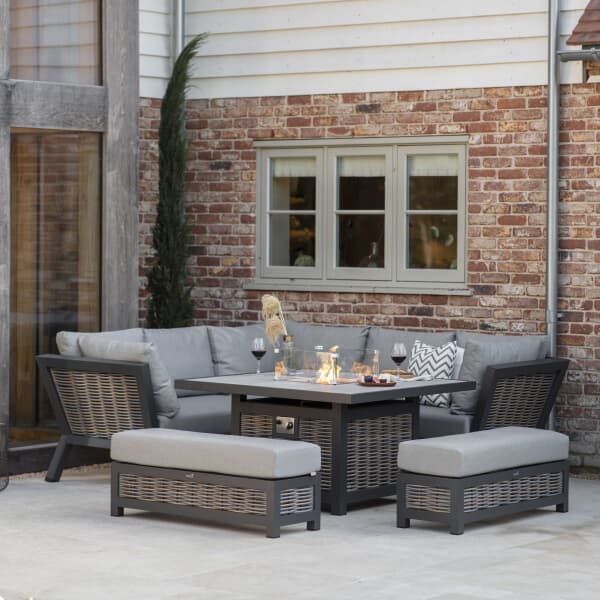 Bramblecrest Tuscan Square Corner Sofa Set With Firepit Table And 2 Benches