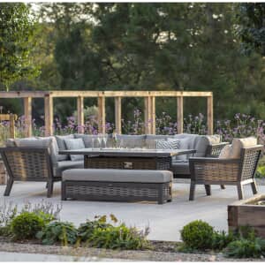 Bramblecrest Tuscan Wicker Modular L-Shape Sofa with Large Firepit Table Bench and Chair