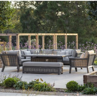 Bramblecrest Tuscan Wicker Modular L-Shape Corner Sofa with Large Firepit Table Bench and Chair