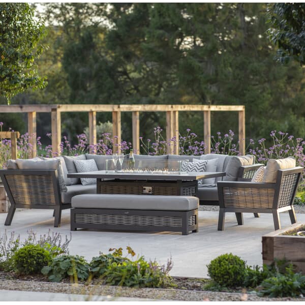 Bramblecrest Tuscan Wicker Modular L-Shape Corner Sofa with Large Firepit Table Bench and Chair