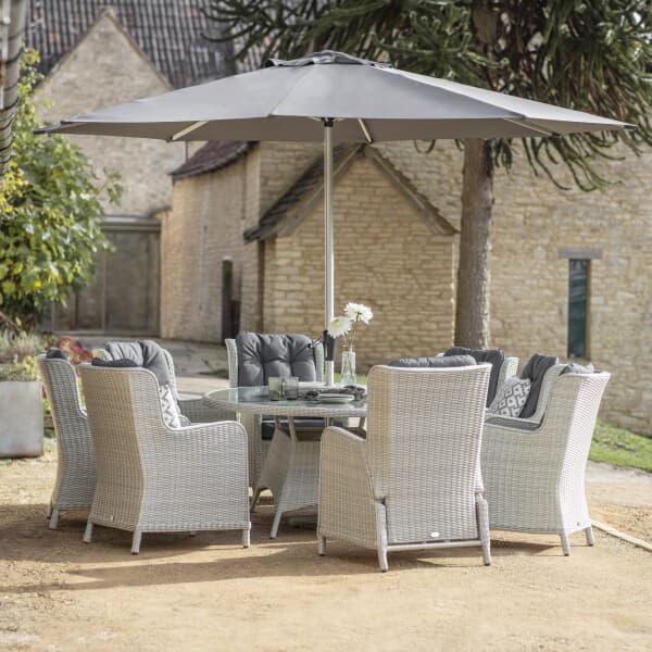 Bramblecrest Chedworth Dove Grey 8 Seat Elliptical Dining Set includes 2 Reclining Chairs