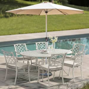 Bramblecrest RHS Bridgewater 6 Seat Oval Dining Set with Parasol - Stone