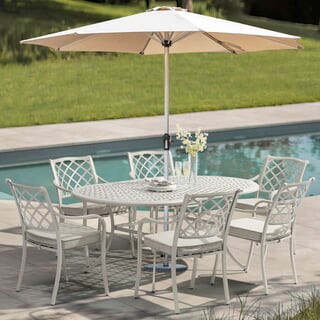 Bramblecrest RHS Bridgewater 6 Seat Oval Dining Set with Parasol - Stone