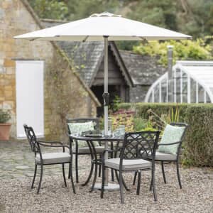Bramblecrest RHS Bridgewater 100cm Round Table with 4 Armchairs Parasol And Base - BlacK