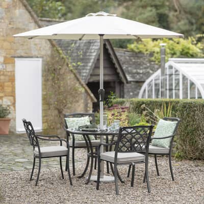 Bramblecrest RHS Bridgewater 100cm Round Table with 4 Armchairs Parasol And Base - BlacK