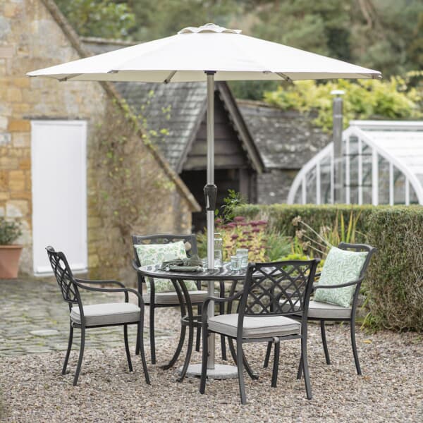 Bramblecrest RHS Bridgewater 100cm Round Table with 4 Armchairs Parasol And Base - BlacK