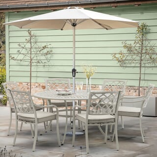 Bramblecrest RHS Bridgewater 6 Seat Round Ding Table with Parasol In Stone