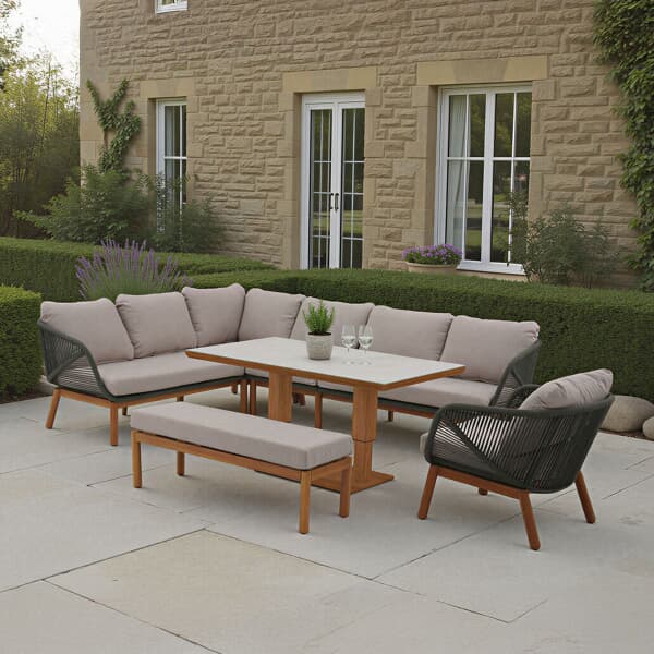 Bramblecrest Helsinki L-Shape Corner Sofa with Rectangle Piston Casual Dining Table Bench And Chair Fern Green