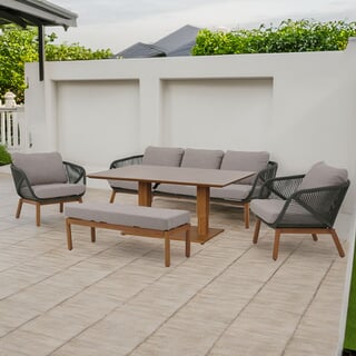 Bramblecrest Helsinki 3 Seat Lounge Sofa with 2 Chairs Rect Piston Dining Table And Bench In Fern Green
