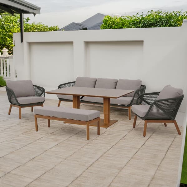 Bramblecrest Helsinki 3 Seat Lounge Sofa with 2 Chairs Rect Piston Dining Table And Bench In Fern Green