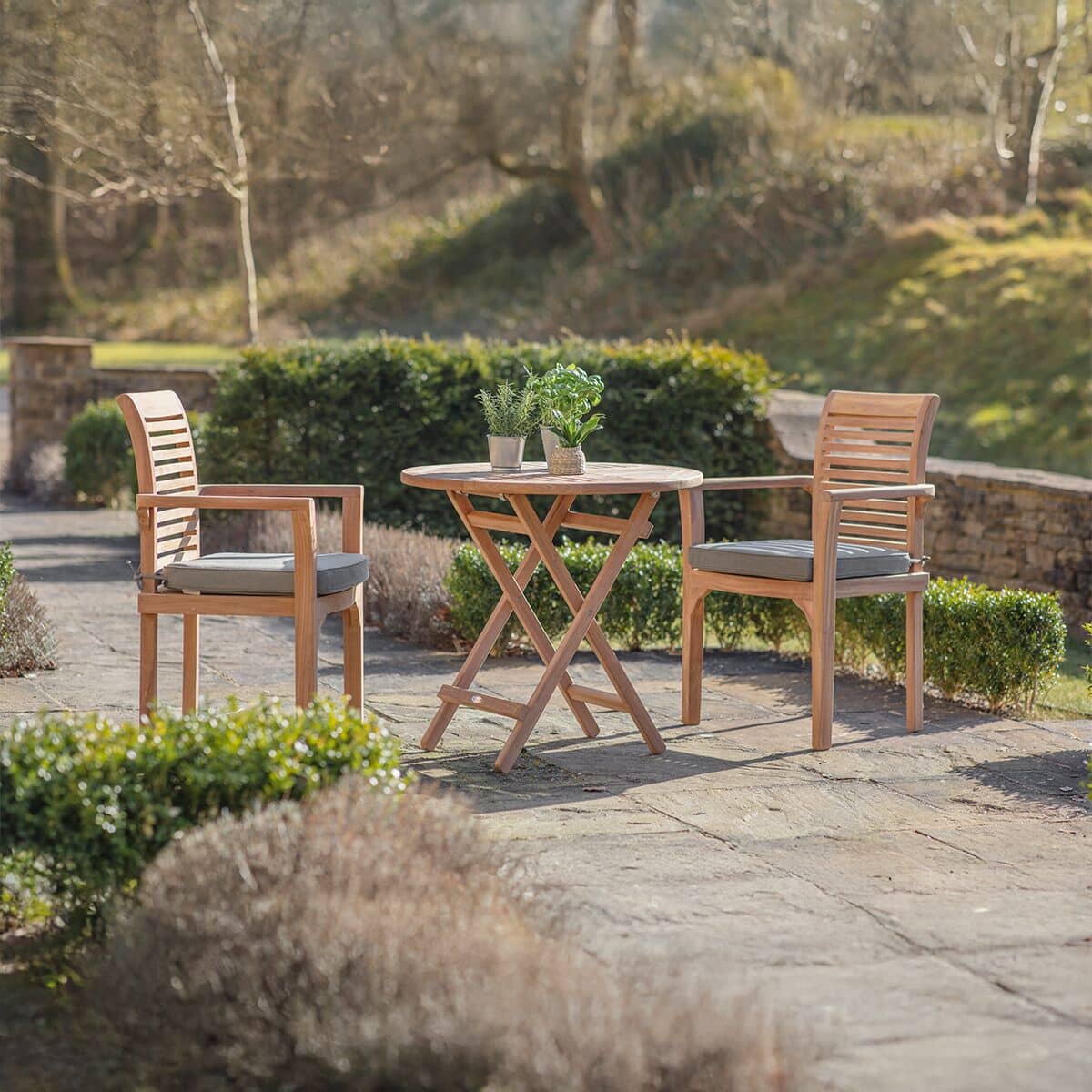 Bramblecrest Richmond 80cm Round Folding Table with 2 Stacking Armchairs And Seat Cushions