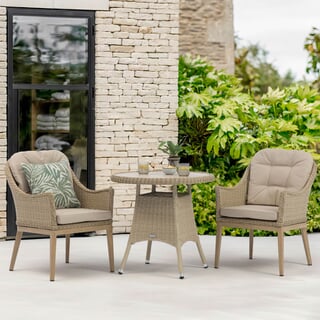 Bramblecrest Monterey Vogue 80cm Round Bistro Set with Deluxe Vogue Armchairs In Sandstone